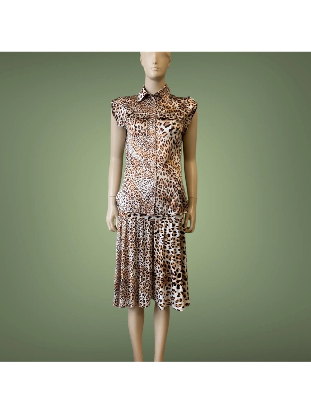 Leopard Print Sleeveless Blouse & Skirt Set - Brown Tan Black